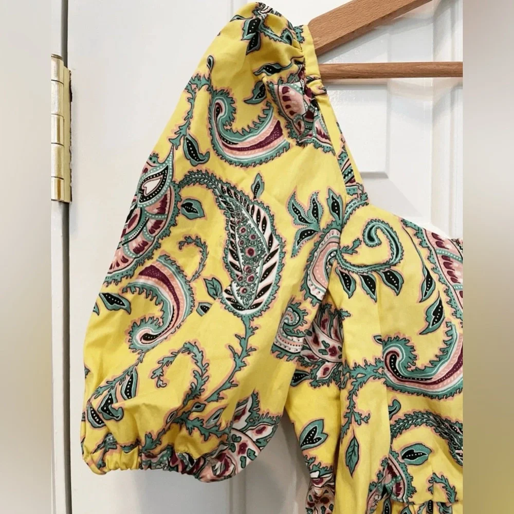 Zara Yellow Paisley Puff Sleeve Midi Dress | Size M | Has Pockets!! - Picture 6 of 12